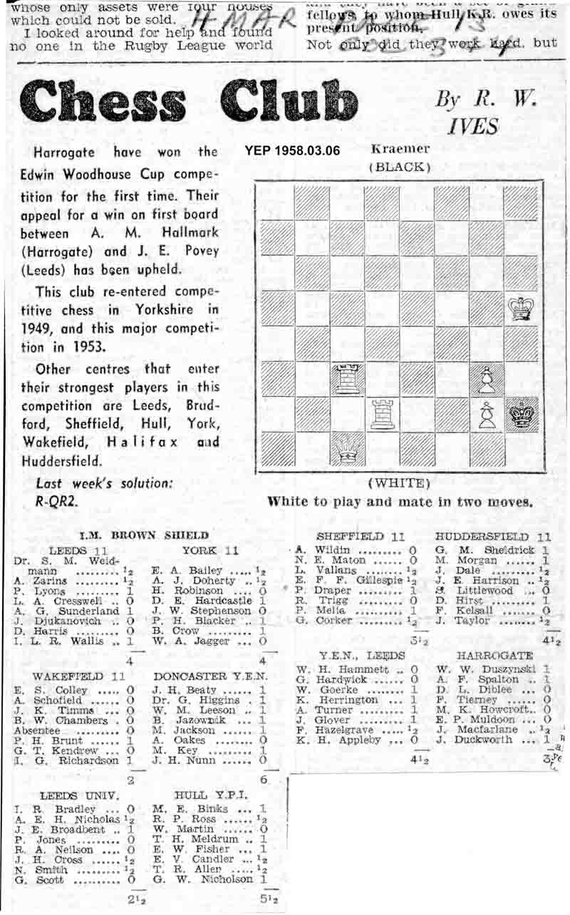 23 January 1958, Yorkshire Evening Post, chess column