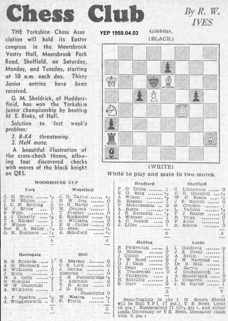 23 January 1958, Yorkshire Evening Post, chess column