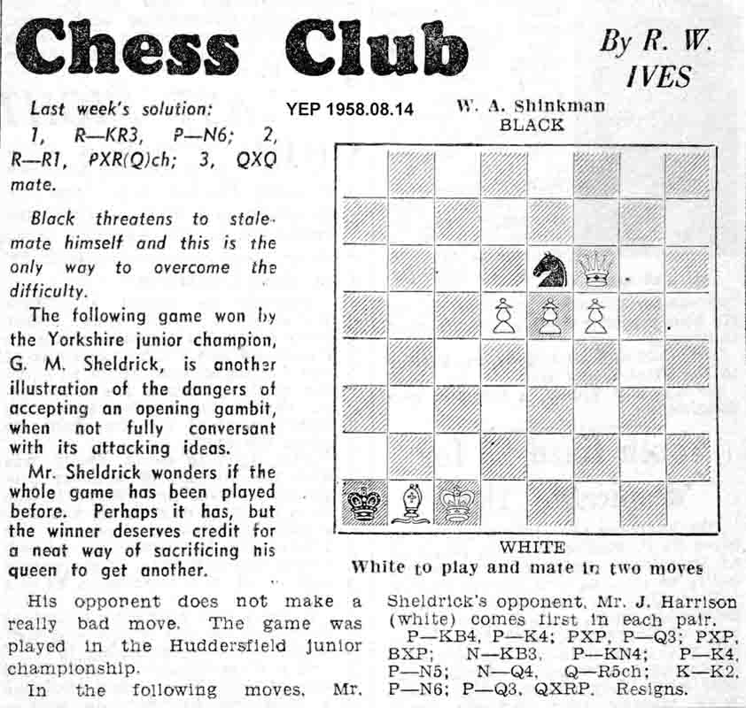 14 August 1958, Yorkshire Evening Post, chess column