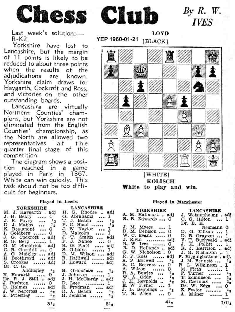 11 February 1960, Yorkshire Evening Post, chess column