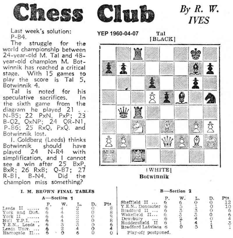 14 April 1960, Yorkshire Evening Post, chess column