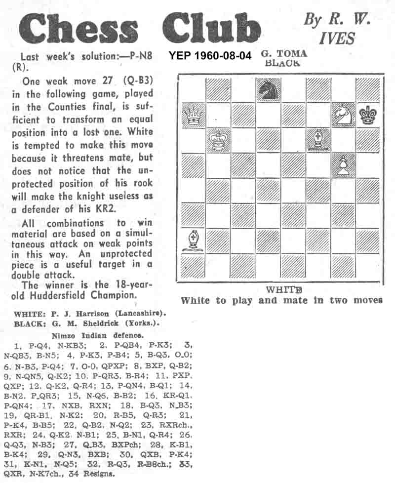 4 August 1960, Yorkshire Evening Post, chess column