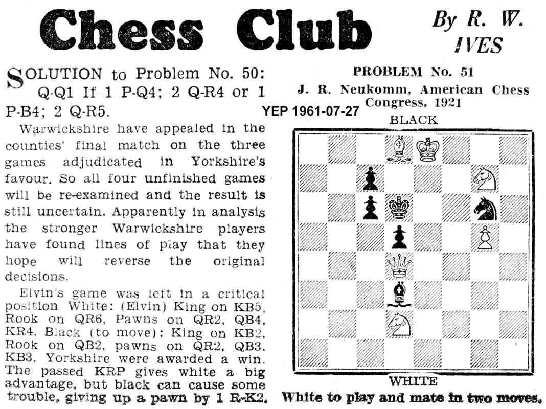 20 July 1961, Yorkshire Evening Post, chess column