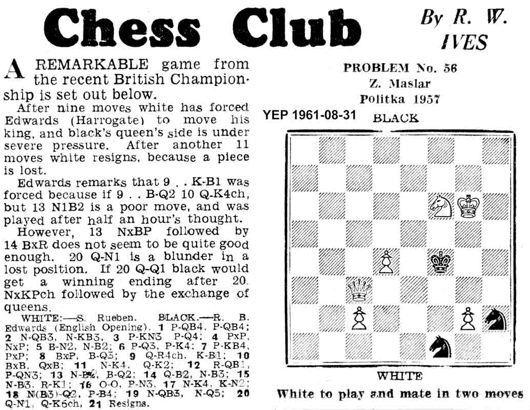 10 August 1961, Yorkshire Evening Post, chess column