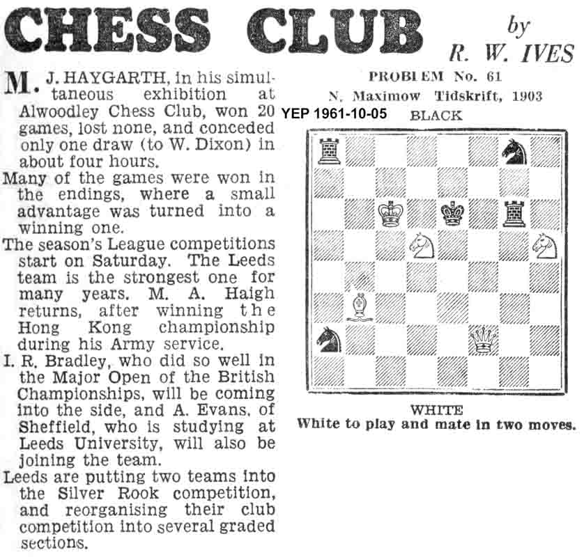 10 August 1961, Yorkshire Evening Post, chess column