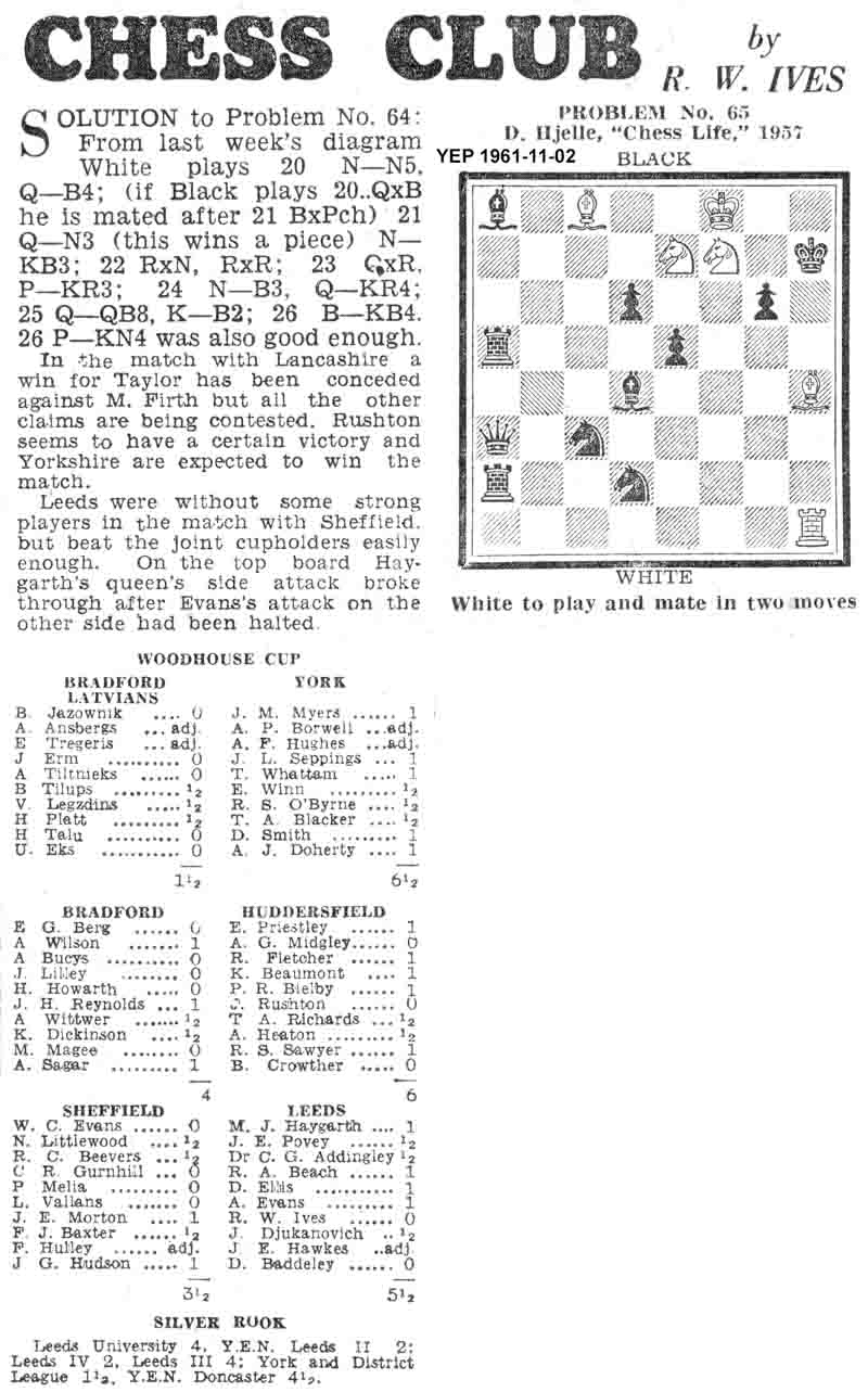 26 October 1961, Yorkshire Evening Post, chess column