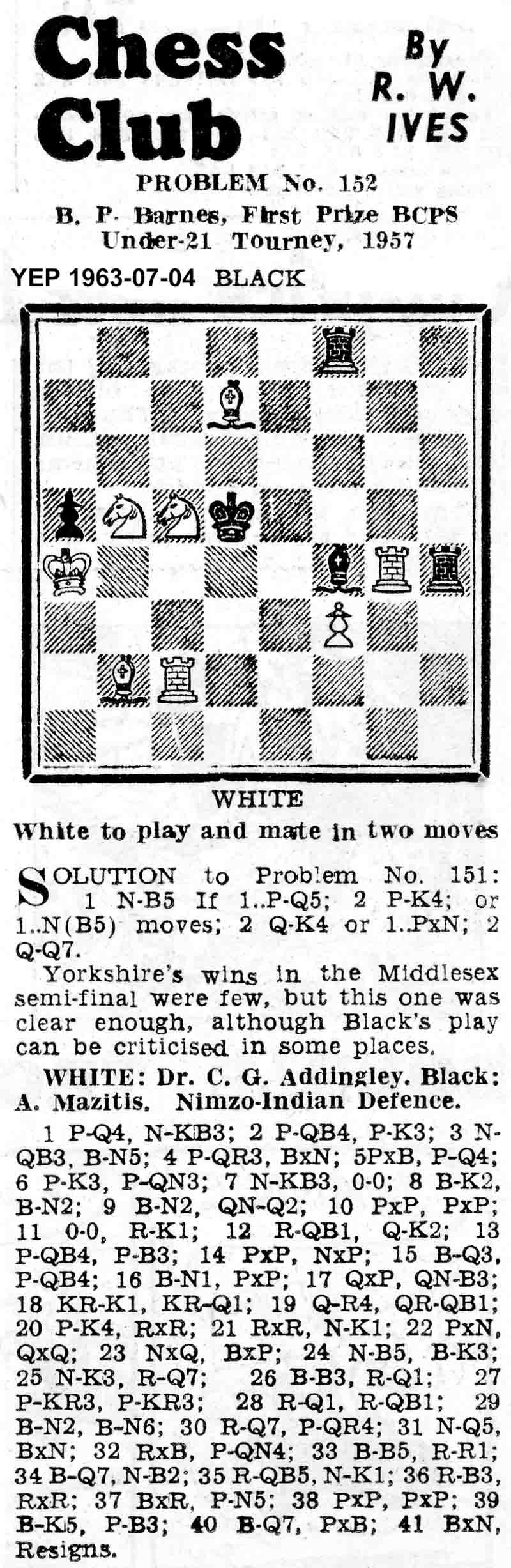 23 June 1960, Yorkshire Evening Post, chess column