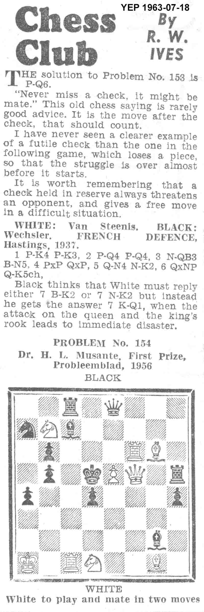 23 June 1960, Yorkshire Evening Post, chess column